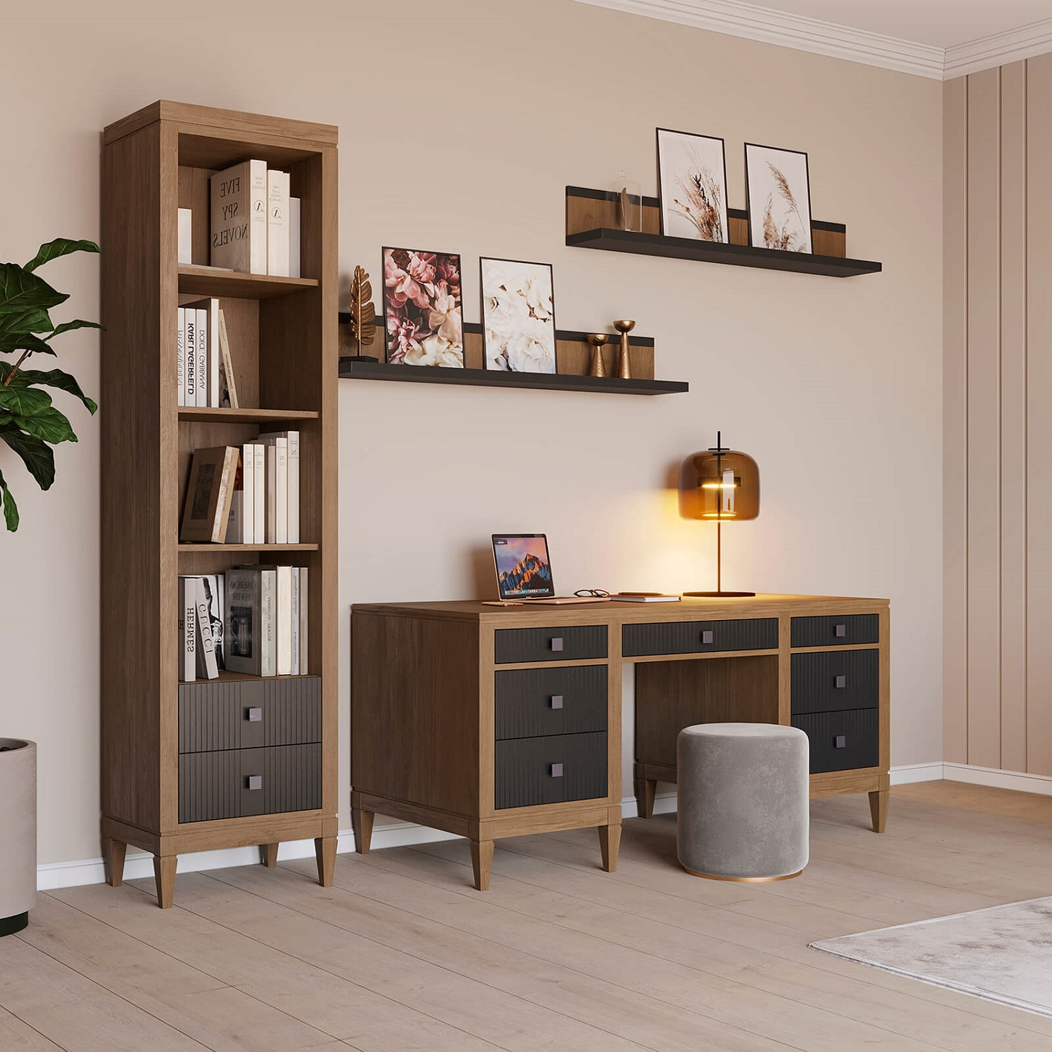 (1.3.3) Стол письменный с 7 ящиками дуб "Фокстрот" 207C (дуб натуральный/бетон/дуб натуральный)