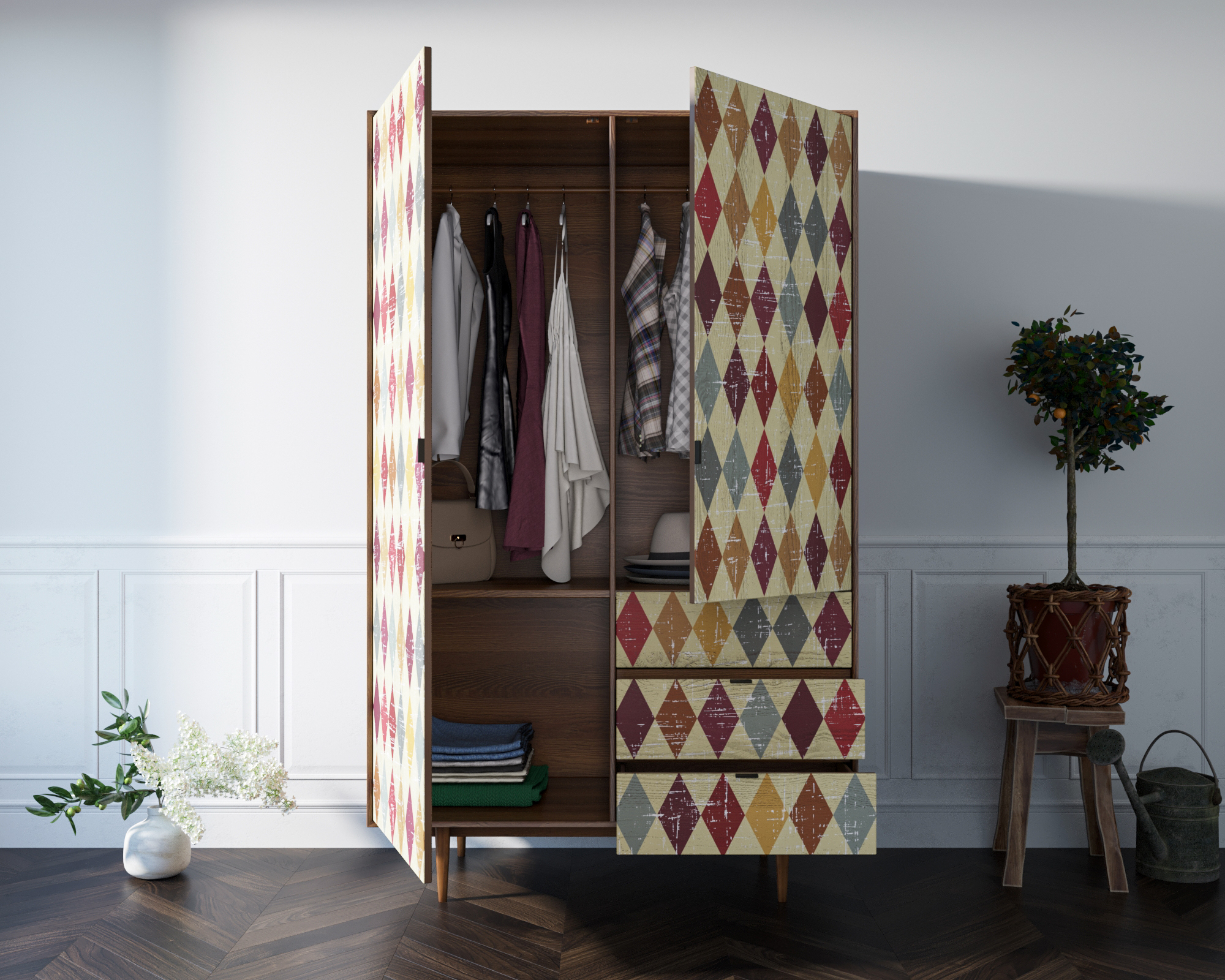 Шкаф из дерева в скандинавском стиле "Bruni print" с ящиками