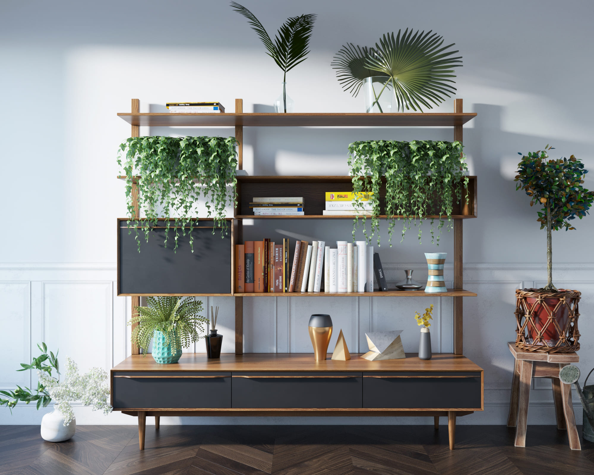 Стеллаж массив дерева "Bruni Black" с ящиками