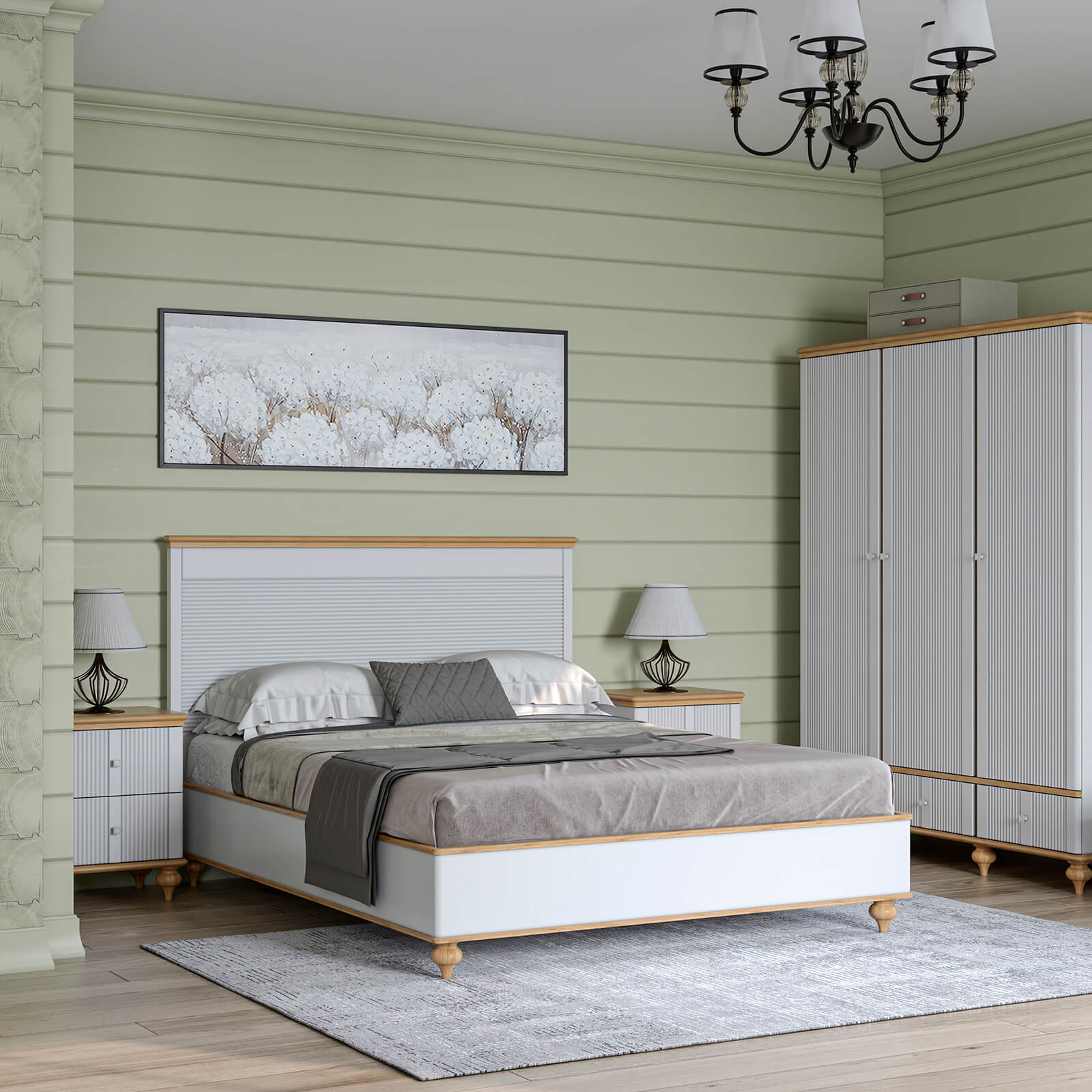 Кровать белая массив сосны и МДФ "Рандеву" 1400 (белый лак/антик-24)